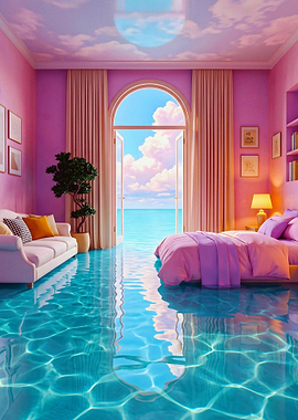 Surreal Bedroom Flooded with Ocean Water