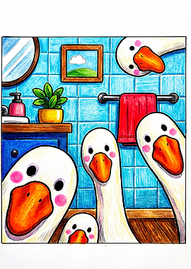 Four Curious Geese in Bathroom