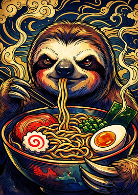 Sloth Eating Ramen Noodles Illustration
