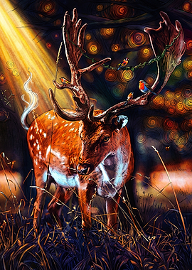 Stag with Birds in Magical Forest