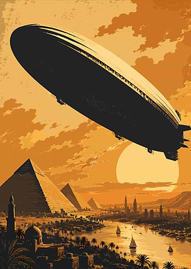 Vintage Airship Over Egyptian Pyramids