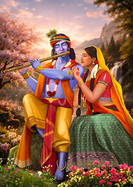 Lord Krishna and Radha Playing Flute