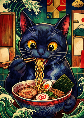 Black Cat Eating Ramen Illustration