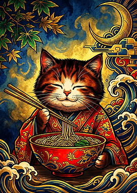 Cat Eating Ramen Japanese Art