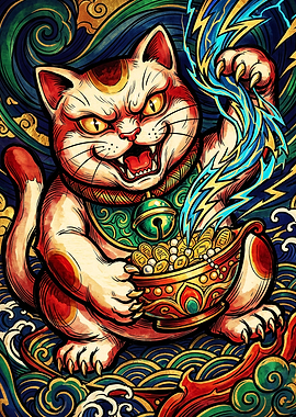 Fierce Maneki-neko with Lightning Power