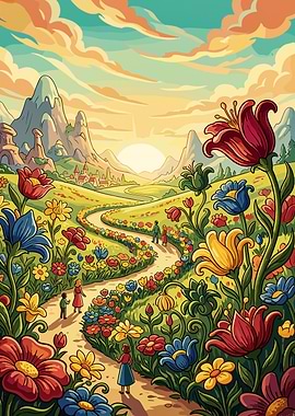 Whimsical Floral Path to Mountains