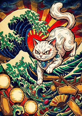White Cat Riding Great Wave Art