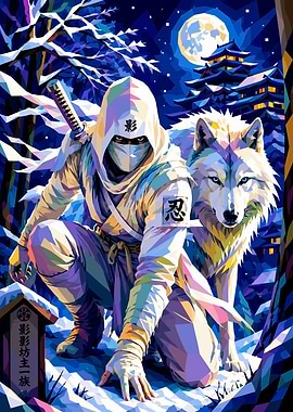 White Ninja and Wolf in Snow