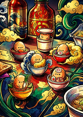 Cute Egg Characters in Ramen Bowls