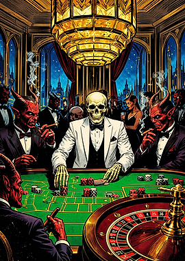 Skeleton and Devils Gambling in Casino