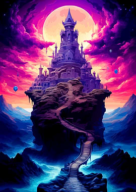 Floating Castle Under Neon Moon