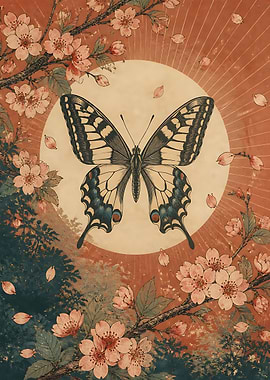 Butterfly Amidst Cherry Blossoms