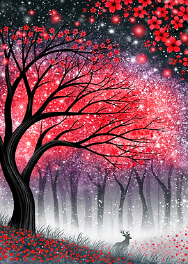Enchanted Red Cherry Blossom Forest