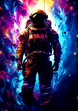 Astronaut in Vibrant Cosmic Nebula
