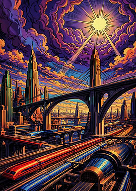 Futuristic Cityscape with Trains and Sun