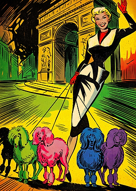 Retro Comic Illustration of Woman Walking Poodles