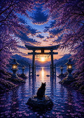 Cat Watching Sunset at Torii Gate