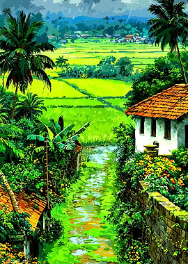Rainy Tropical Village Landscape
