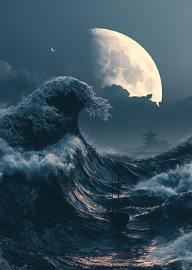 Giant Wave and Japanese Temple