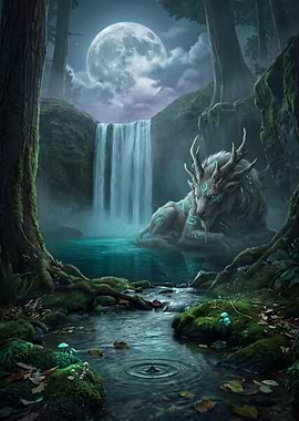 Mystical Forest Guardian by Waterfall