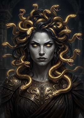 Medusa Portrait with Golden Snakes