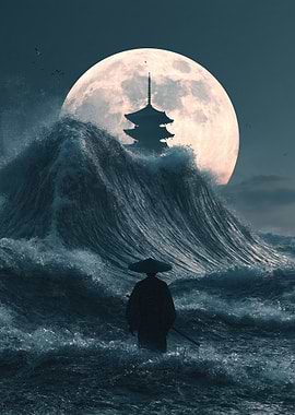 Samurai Facing a Giant Tsunami