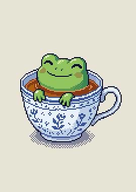 Cute Pixel Art Frog in Teacup
