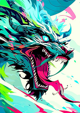 Vibrant Neon Dragon Head Illustration
