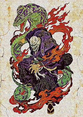 Oni Samurai with Serpent Illustration