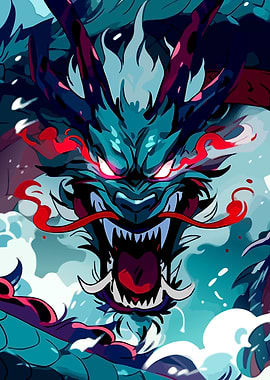 Fierce Blue Japanese Dragon Illustration