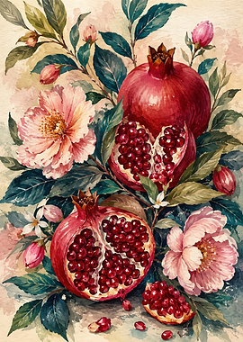 Watercolor Pomegranate and Floral Still Life