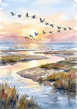 Watercolor Flock of Birds at Sunset