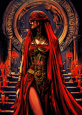 Mysterious Blindfolded Priestess in Red