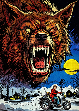Werewolf Menacing Boy on Tricycle