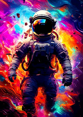 Astronaut in Vibrant Cosmic Nebula