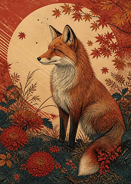 Japanese Style Red Fox Illustration