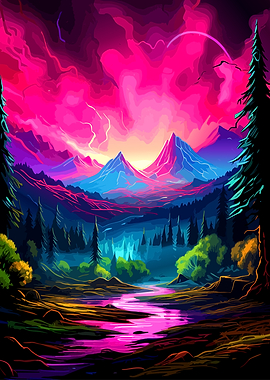 Vibrant Neon Mountain Landscape
