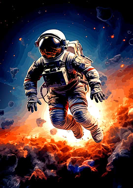 Astronaut Floating in Fiery Space