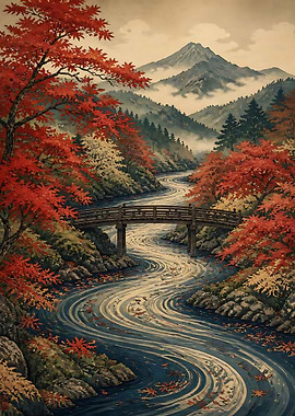 Autumn River Landscape with Wooden Bridge