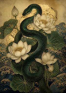 Elegant Green Snake and Lotus Art