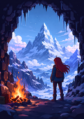 Girl Watching Snowy Mountain from Cave