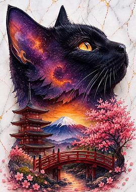 Cosmic Black Cat Japanese Landscape Art