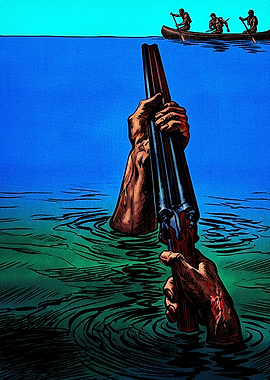 Hands Emerging from Water with Shotgun