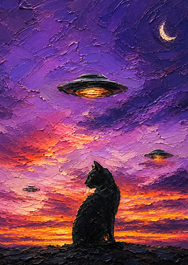 Black Cat Watching Alien UFOs