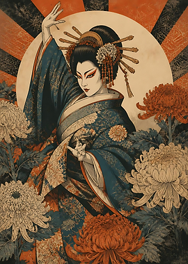 Elegant Geisha with Chrysanthemums Art Print