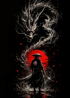 Samurai and Dragon Silhouette Art