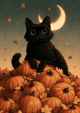 Black Cat Sitting on Pumpkins