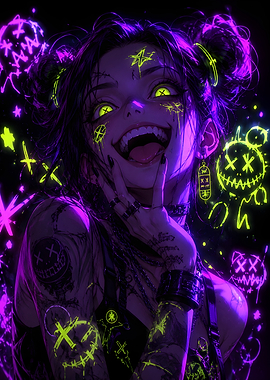 Neon Punk Anime Girl with Glowing Graffiti Poster