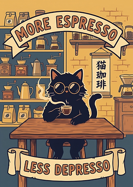Black Cat Drinking Espresso Poster