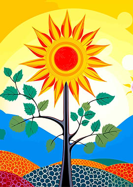 Stylized Sun Flower Landscape Illustration